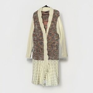 Vintage Boho Long Knit Cardigan Sweater‎ Cream Multicolor Textured Artsy Cottage
